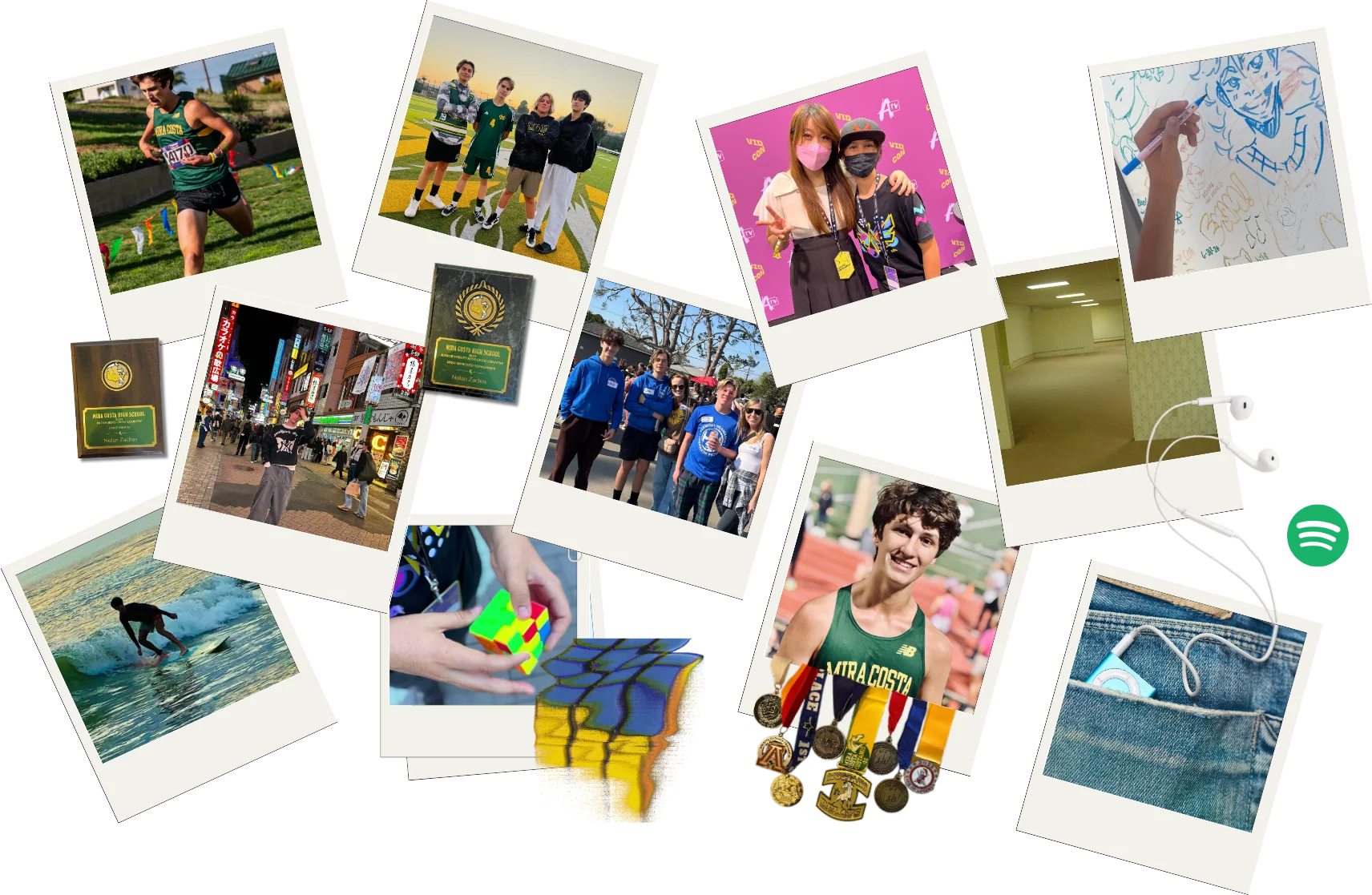 A wall of polaroids — cross-country races, a team photo, a convention, travel, surfing, a Rubik's cube, a medal haul, headphones in a jeans pocket