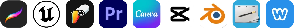 Procreate, Unreal Engine, ToonSquid, Premiere Pro, Canva, CapCut, Blender, Rough Animator and Weebly