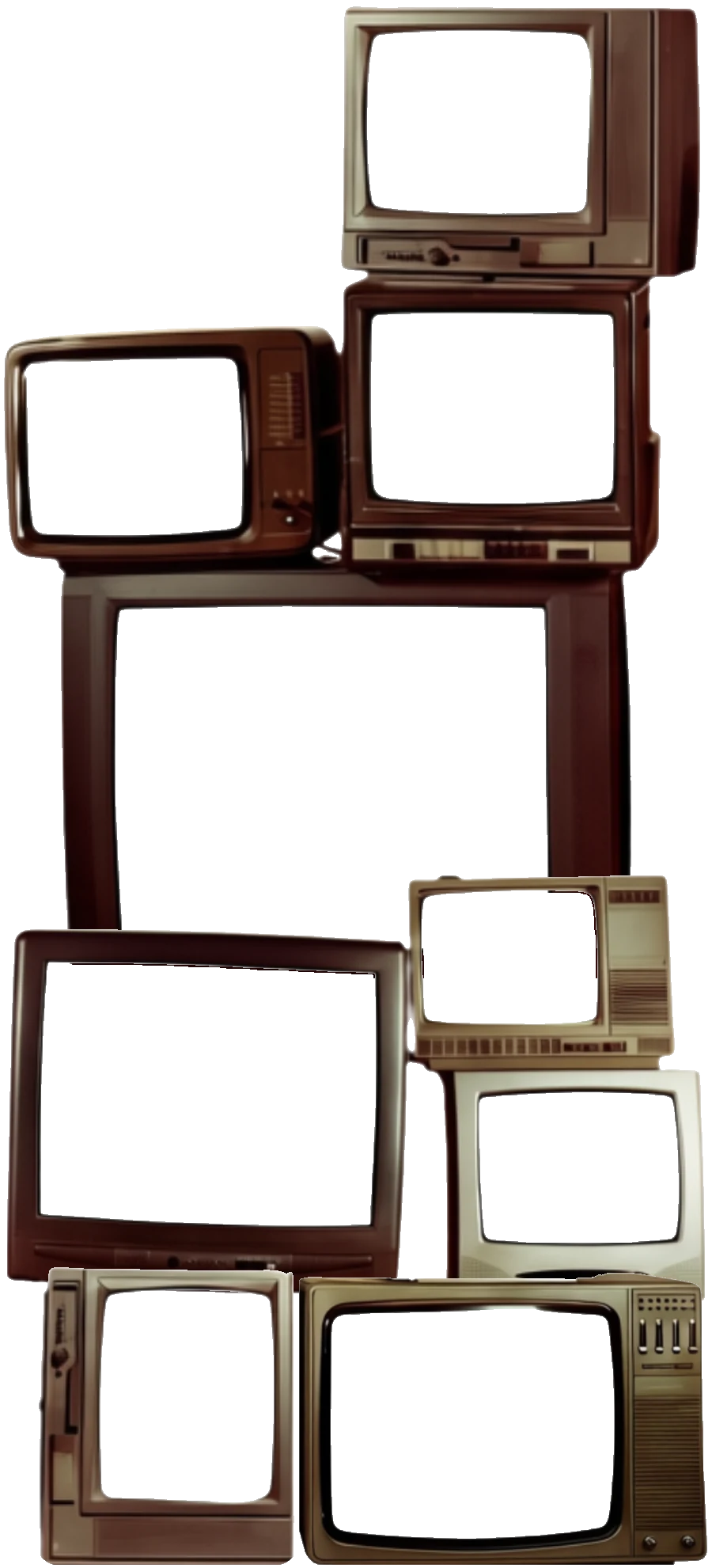 A stacked wall of vintage televisions, each one playing a different piece of Nolan's animation work
