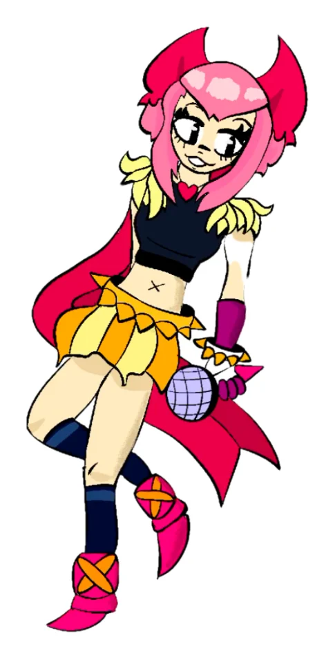 Pink-haired character in a yellow skirt and red cape, holding a disco ball