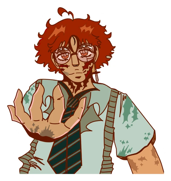 Character with auburn curls and round glasses, in a mint patterned shirt, hand raised