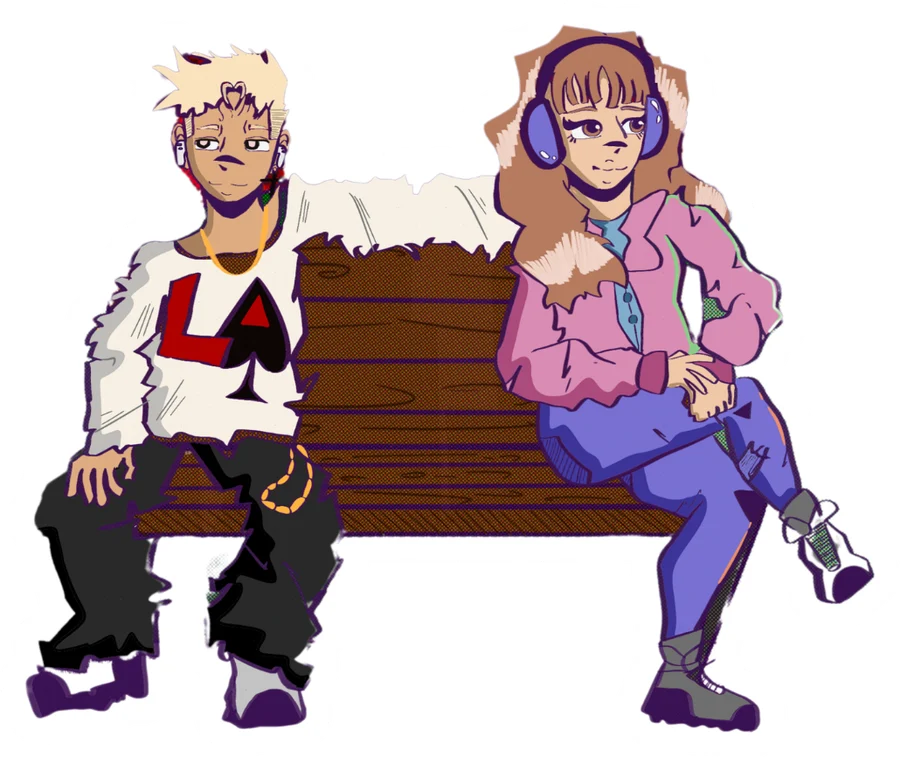 Two characters sitting together on a park bench