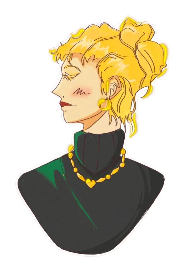 Blond character in profile, in a black turtleneck and gold chain