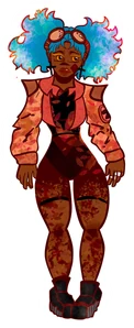 Character with blue and pink hair puffs, in a rust-red patterned outfit