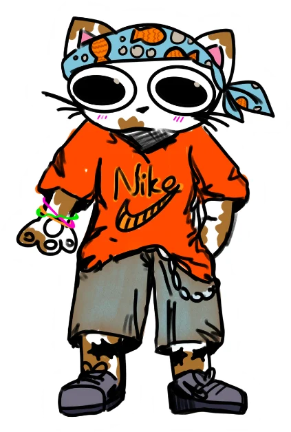 Cat character in goggles and an orange tee