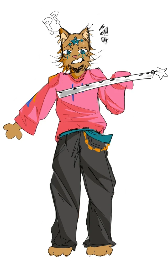 Cat character in a pink shirt and dark trousers, carrying a long flute