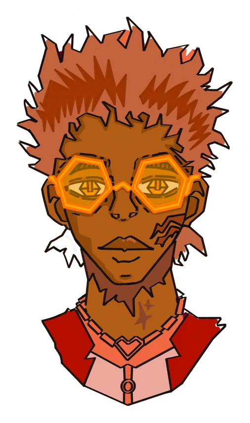 Portrait of a character with spiked copper hair and orange glasses
