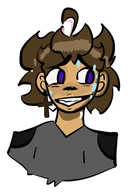 Character with curly brown hair, violet eyes and a grey top