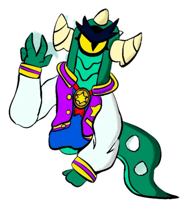 Green and white dragon character in a purple waistcoat