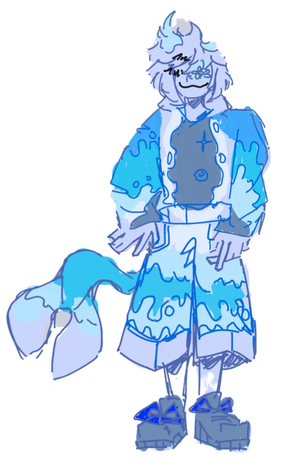 Pale blue character in a layered coat