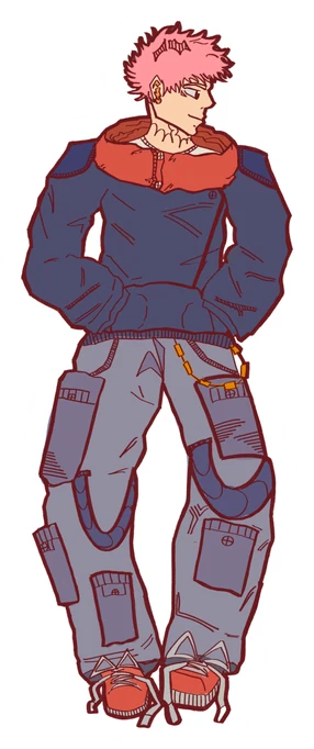 Character with pink hair, in a navy sweater and worn jeans