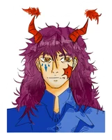Purple-haired horned character with painted face markings, on a blue ground