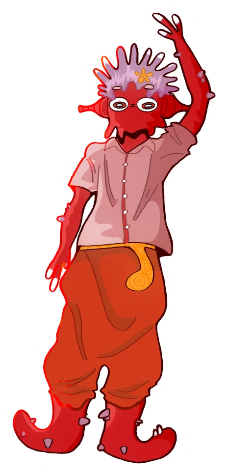 Red-skinned character with a spined head, one arm raised
