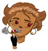 Character with sandy curls, hoop earrings and a lollipop