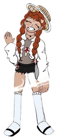 Character with red braids and a straw hat, waving, in a white jacket and knee socks