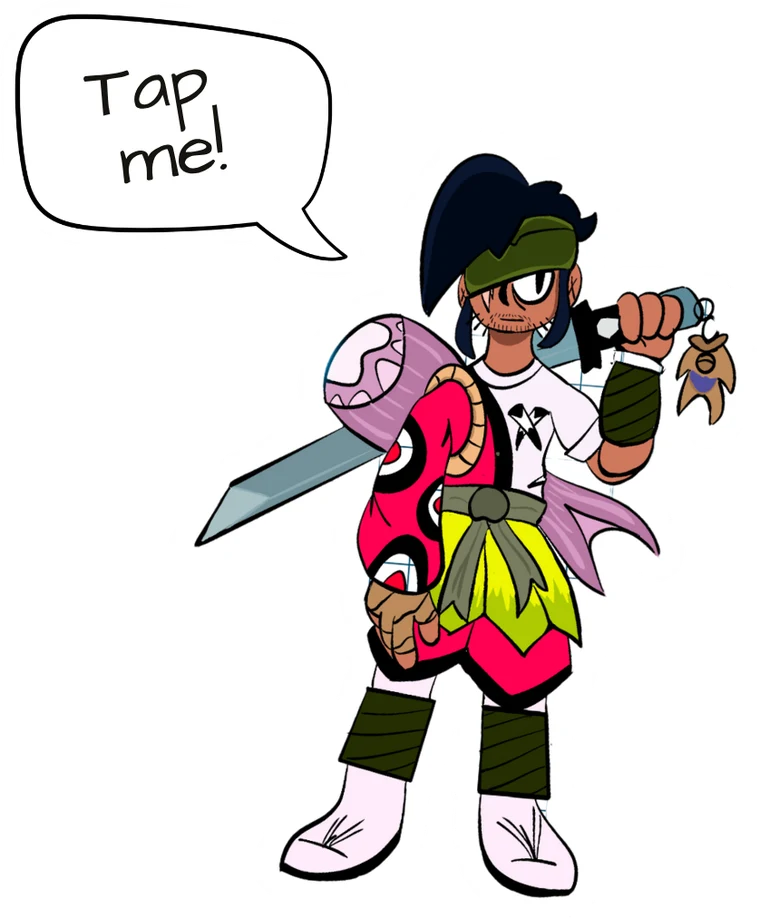 Character in a pink and yellow outfit carrying a sword, with a speech bubble reading “Tap me!”