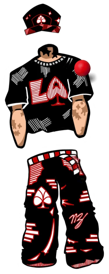 The L.A.Aces character: a cap, a printed top and matching trousers