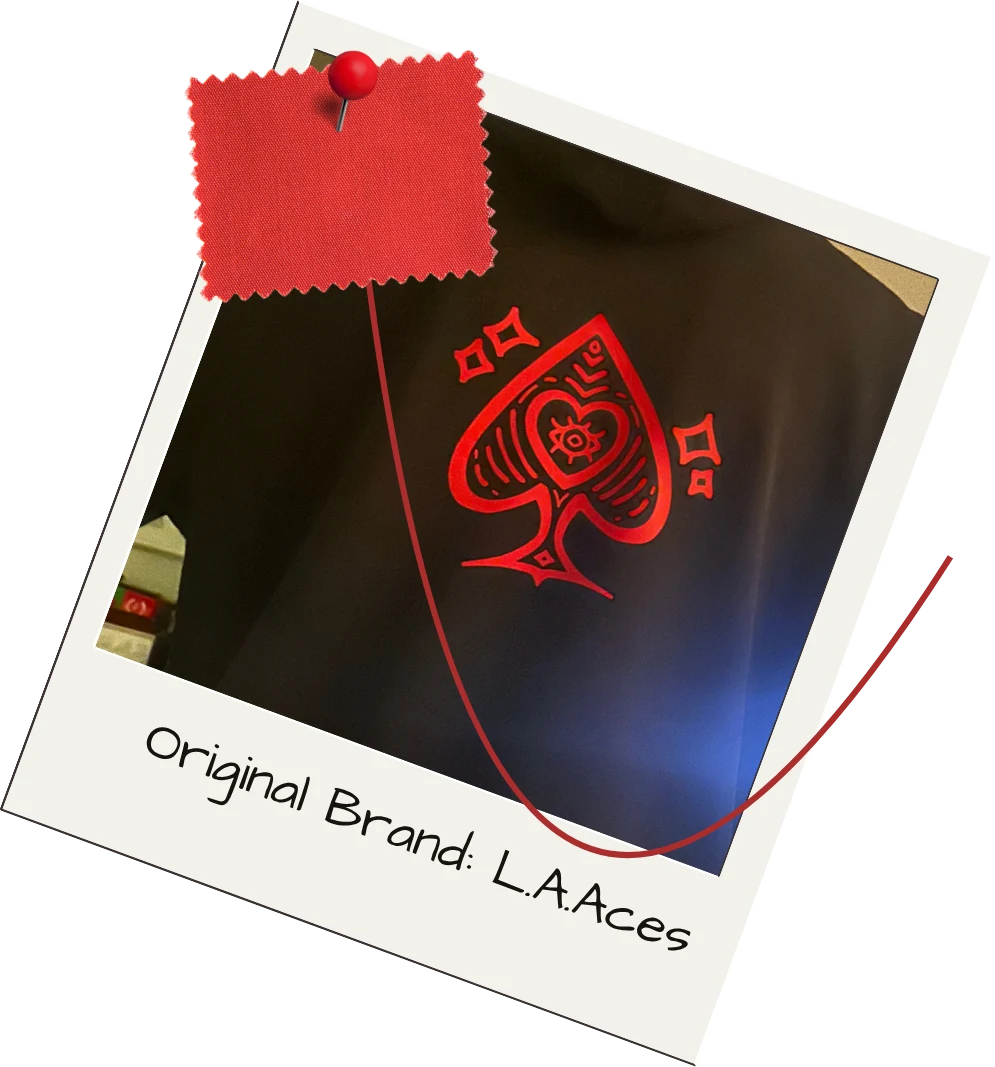 Original Brand: L.A.Aces — a black hoodie printed with a red ace of spades, pinned under a red fabric swatch