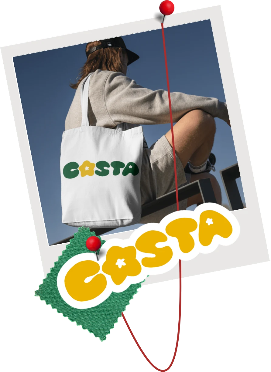 COSTA — a white tote carried against a blue sky, pinned beside the COSTA wordmark and a green fabric swatch