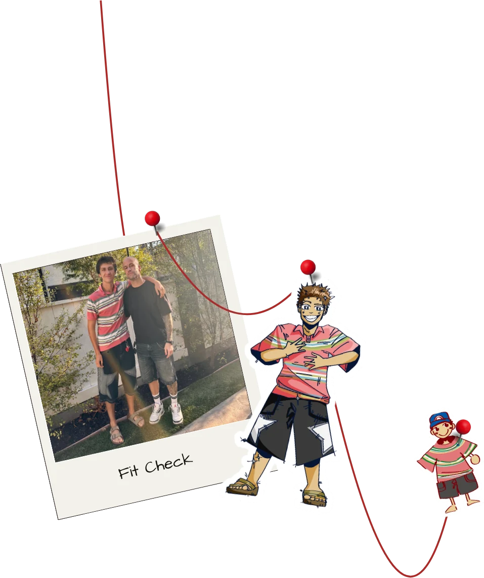 Fit Check — a photograph of Nolan and his father, pinned beside two drawn characters