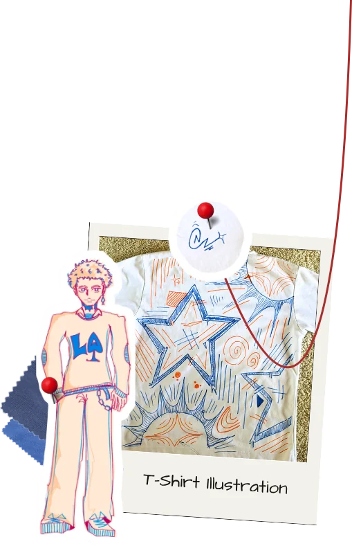T-Shirt Illustration — a tee drawn over with a blue star, pinned beside the figure wearing it and a signed badge